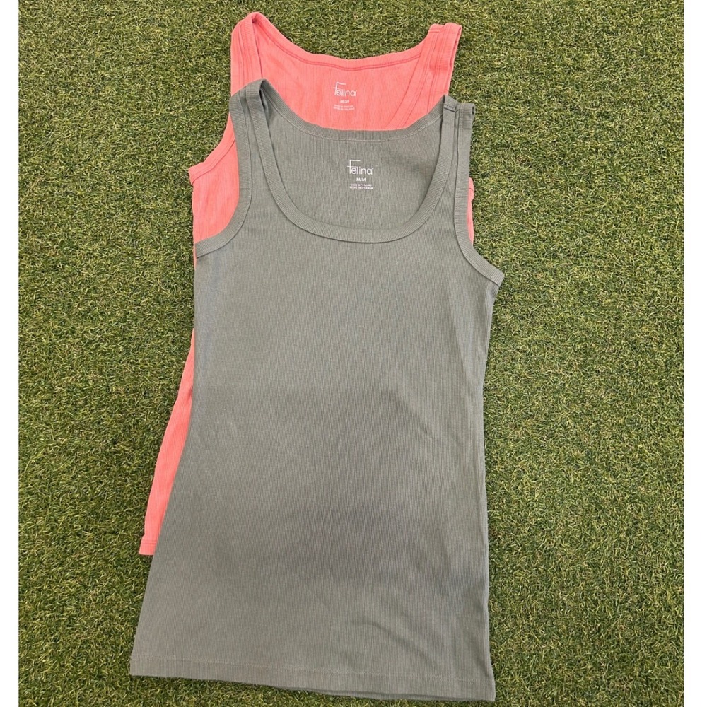 Felina Ribbed Tank Top 2 Pack Olive Green Coral Pink Scoop Neck Size Medium